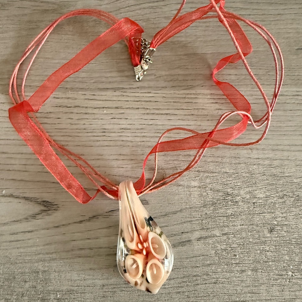 Red Ribbon Glass Pendant Necklace